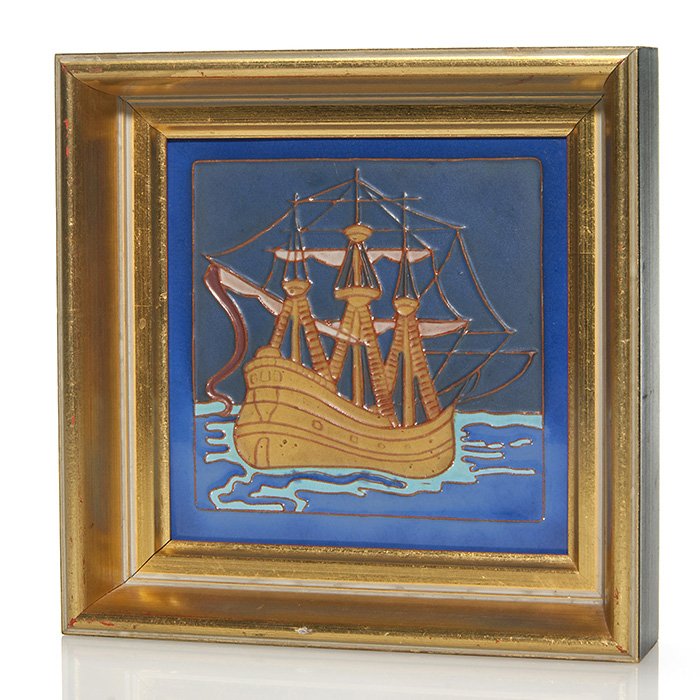 California Faience Ship tile, red clay, 5 5/8" square (1 of 1)