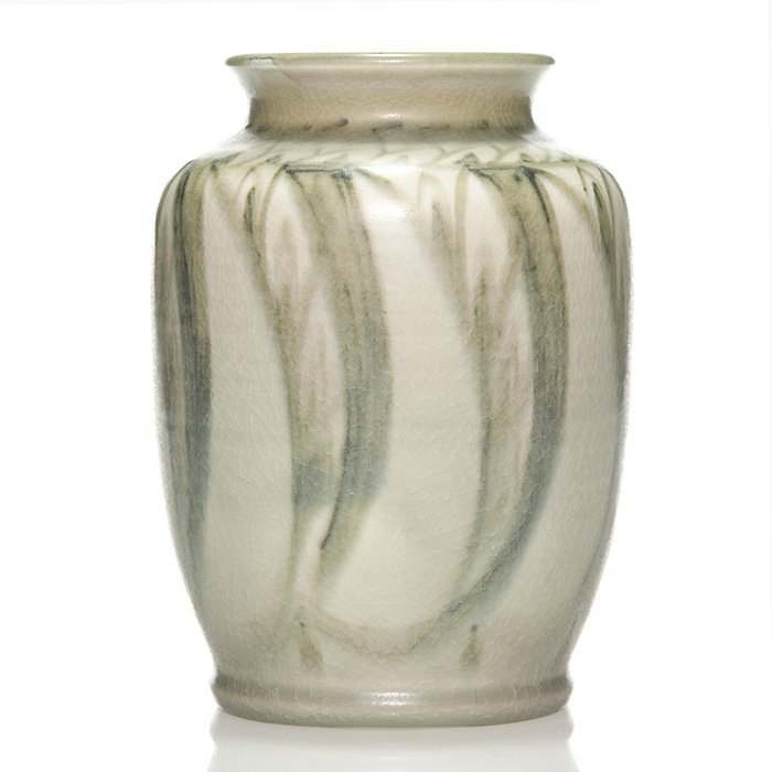 Pilkingtons Royal Lancastrian vase, Rodgers, 7 7/8": Pilkington Royal Lancastrian vase with stylized leaf decoration done in mat glazes by Gwladys Rodgers. Marked with the impressed Pilkington Tudor rose logo, Royal Lancastrian England and the monogram 