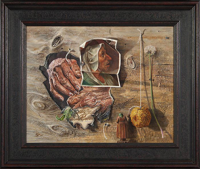 Aaron Bohrod still life, "Sere and Yellow" '62, 16"x20": Aaron Bohrod (American, Illinois, Wisconsin, 1907-1992) trompe l'oeil still life (oil on Masonite) painted in 1962 and entitled "Sere and Yellow." Pictured are a desiccated apple hanging on a string (