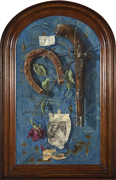 Aaron Bohrod still life, "Yesterday." 1956, 24"x14": Aaron Bohrod (American, Illinois, Wisconsin, 1907-1992) 1956 tromp l'oeil, oil on Masonite entitled "Yesterday" featuring a horse shoe, a withered rose, an old flint lock pistol and a torn newspaper n