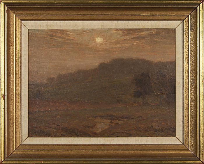 Leonard Ochtman, O/ Wooden panel, Moon, 12"x 16": Leonard Ochtman (American, Connecticut, 1854-1934) oil on wooden panel showing what appears to be a full moon on a cloudy evening giving faint illumination to a wooded landscape. Signed lower left and