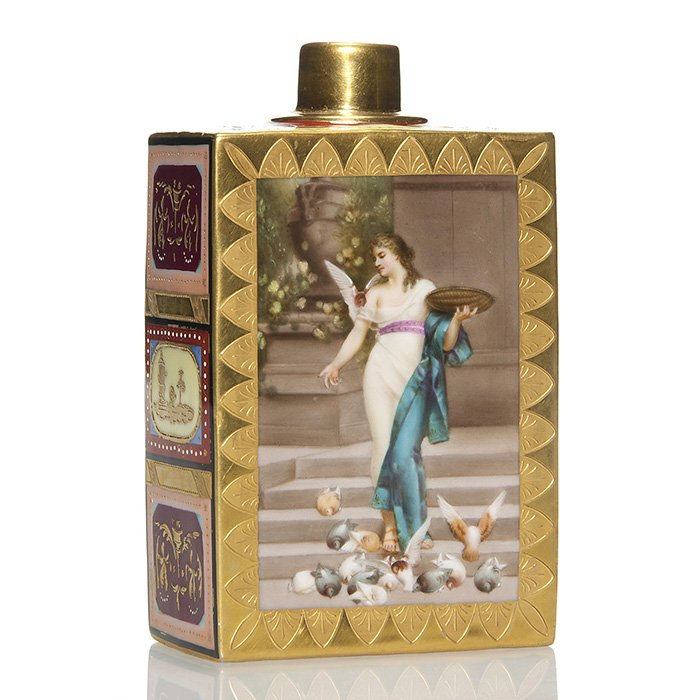 Royal Vienna style container, Nymphe & Armor, 5 1/2": Royal Vienna style porcelain container with the entitlements "Nymphe & Armor" showing a half nude with an angelic youth in a lush garden and "Vestalin" depicting a maiden throwing seeds to a flock of 
