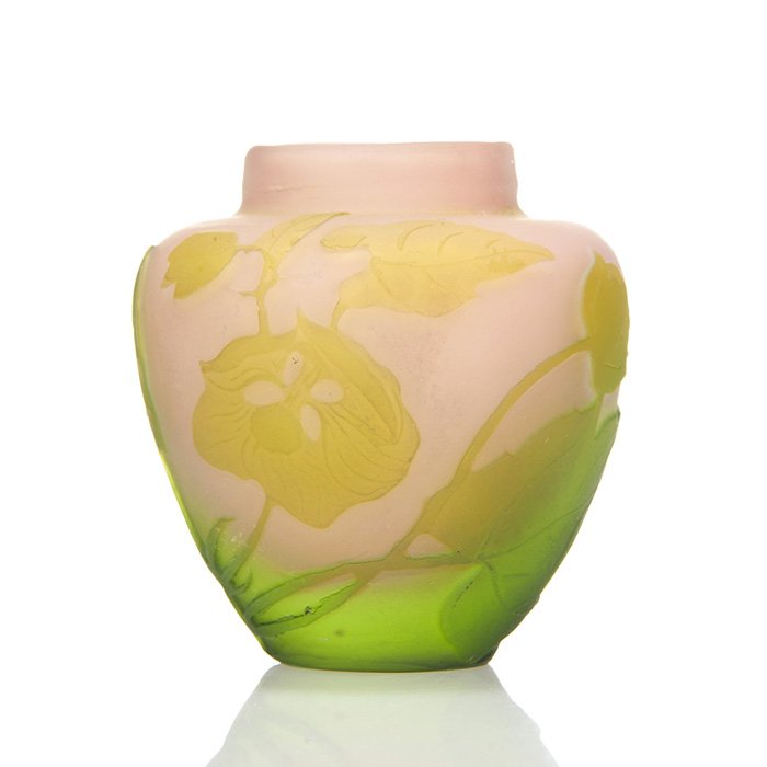 Galle cameo miniature vase, green/pink, 2 3/8", sig (1 of 1)