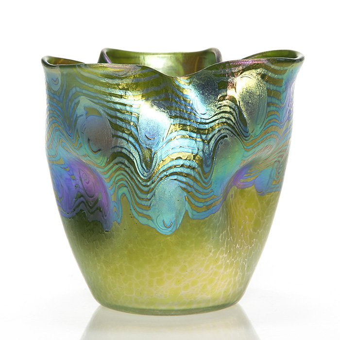 Loetz Argus 3 lobed vase, green, blue, 4 1/2" (1 of 5)