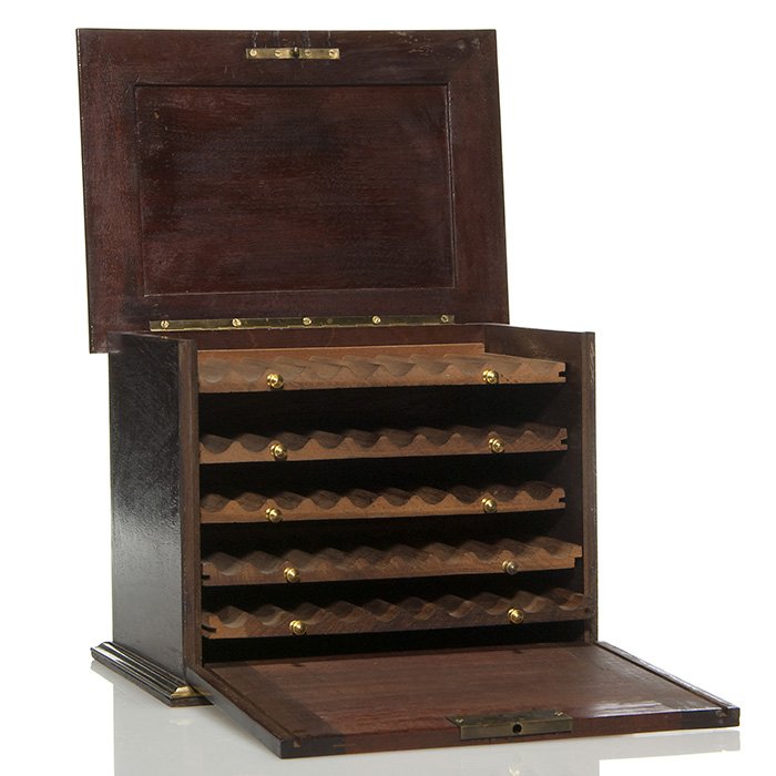 Mahogany drop front cigar case, brass inlay, 7 5/8" (1 of 2)