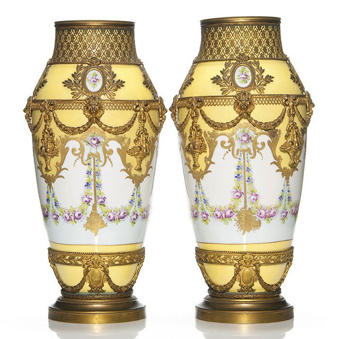 Pr. Sevres attributed urns, gilt bronze mounts, 15" (1 of 1)