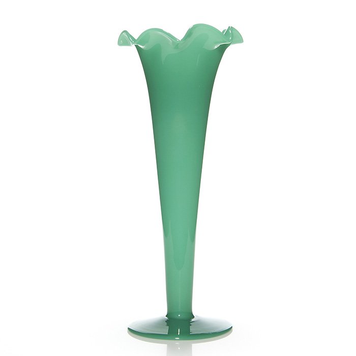Tall Fry attrib. trumpet vase, ruffled rim, 17 1/2": Monumental trumpet vase with attribution to the Fry Glass Company displaying a flirty ruffled rim and created from Jade green glass. Measures 17 1/2 inches tall and 7 1/2 inches across the rim. Ground