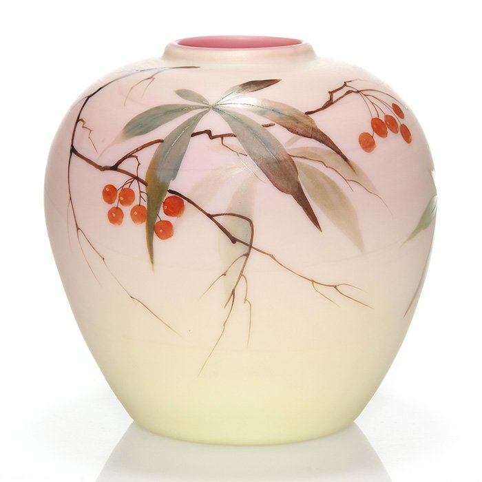 Webb Burmese vase, woodbine, 5 5/8": Good Thomas Webb acid Burmese vase nicely decorated with the woodbine vine with orange berries. Measures 5 5/8 inches and 6 inches across the shoulder. The design displays very well on this form. Exce