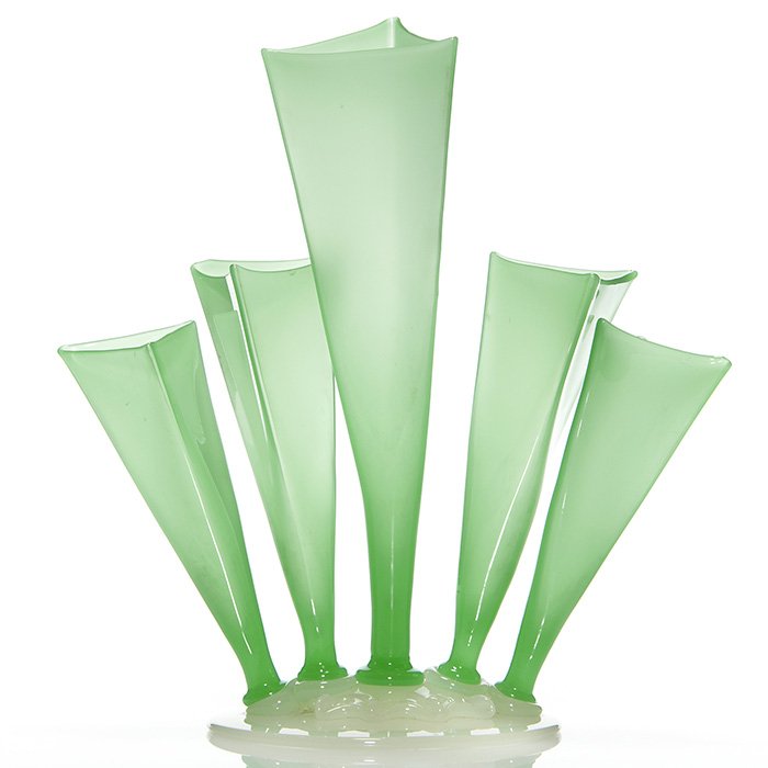 Steuben 5 prong vase, Jade Green & Alabaster, 12" (1 of 1)