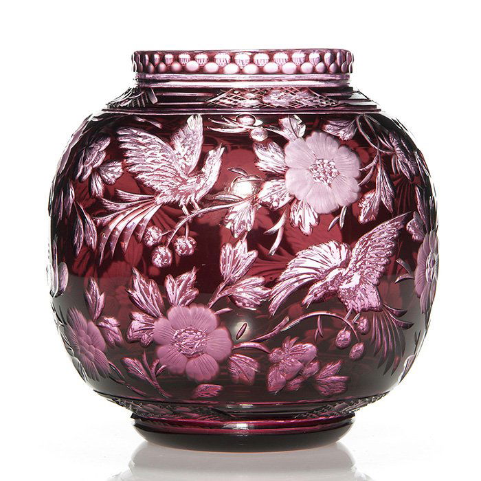 Stevens & Williams vase, engraved flora birds, 6 1/4" (1 of 1)