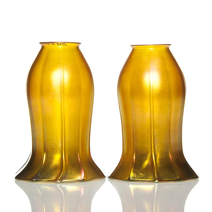 Pr. large Quezal Morning Glory shades, 7", signed (1 of 1)