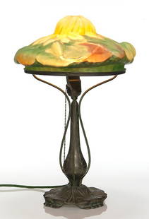 Pairpoint Puffy "Lotus", 16"D, 20" tall, base marked: Nice Pairpoint Puffy "Lotus' table lamp. The shade displaying a bright yellow lotus blossom at the peak surrounded by oncoming buds and green foliage and having blush of orange here and there. Measure