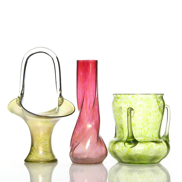3 items, Loetz & Bohemia: basket, 2 vases, 10 1/2" (1 of 1)