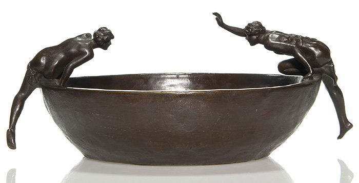 Clio Bracken bronze bowl, 2 nudes, 8"X15", marks (1 of 4)