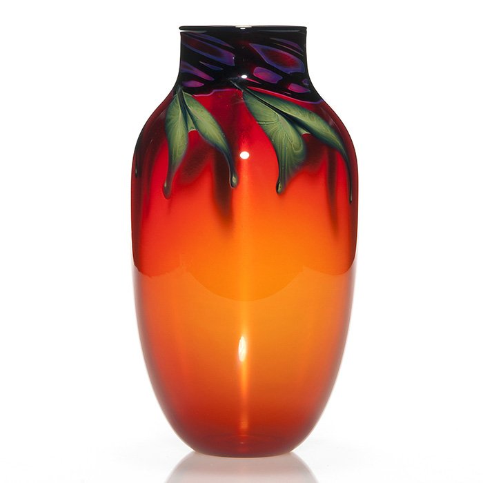 Charles Lotton ruby red vase, split leaves, 9 1/2", '83 (1 of 1)