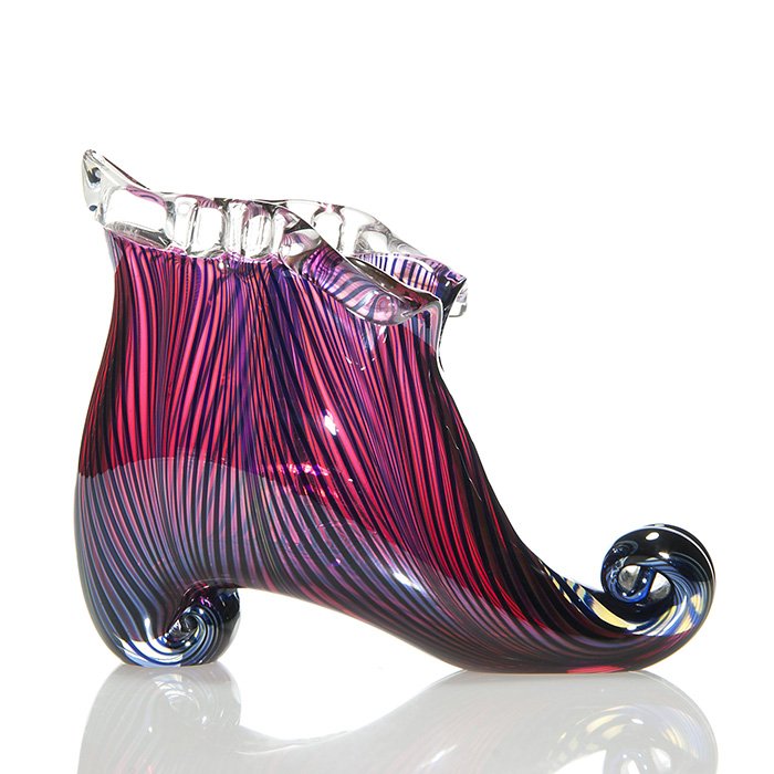 Charles Lotton Gold Ruby high top slipper, 3 3/4": Limited Edition Charles Lotton Gold Ruby high top slipper with a combed design, crystal rigaree trim at the ankle and a curl to the toe and heel. Measures 3/4 inches by 4 1/2 inches long. Artist signe