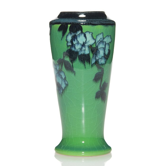 Rookwood Porcelain vase,floral,Conant,1916,6 7/8": Porcelain vase decorated with light blue flowers set against a bright green ground, the work of Arthur Conant in 1916. Marks include the Rookwood logo, date, shape 1356 E, a sideways P for Porcelain a