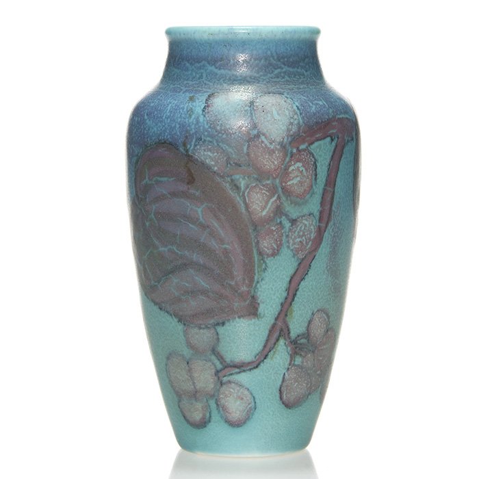 Rookwood Mat vase, floral, Pullman, 1927, 6 3/4": Mat glaze vase decorated with grapes motif, the work of John Wesley Pullman in 1927. Marks include the Rookwood logo, date, shape 943 E, Mr. Pullman's monogram in brown slip and a wheel ground X. Ther