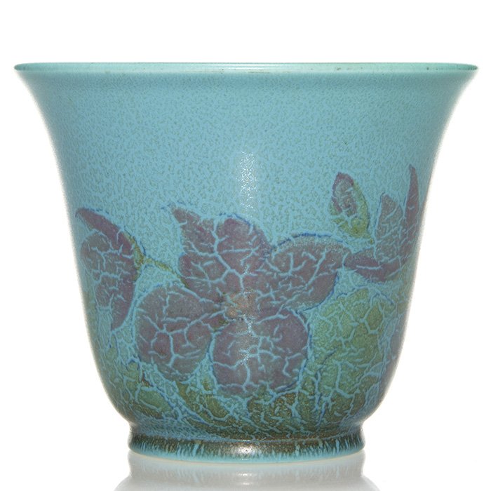 Rookwood mat floral vase, Pullman, 1929, 4 3/4": Rookwood Mat glaze vase with purple flowers done by John Wesley Pullman in 1929. The flowers and green leaves contrast nicely with the soft blue ground all of which have a consistent break in the glaz
