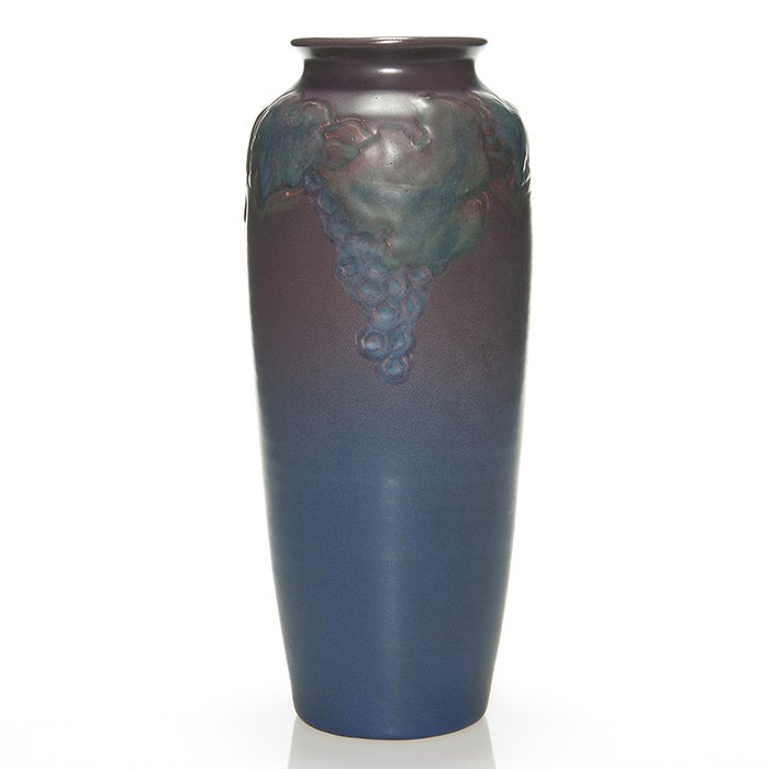 Rookwood mat vase,grapes carved, Todd, 14 1/8": Tall mat glaze vase with nicely carved and painted grapes design, the work of Charles Todd in 1913. The bottom has been drilled for use as a lamp and there has been professional repair to the rim. Mar