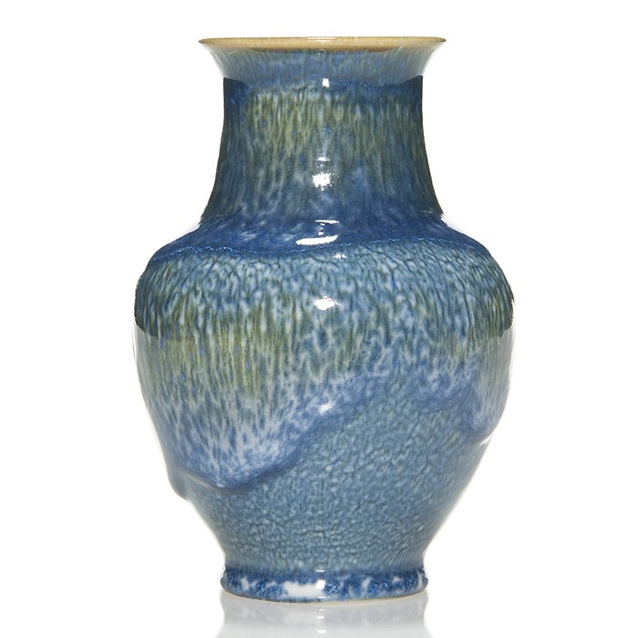 Rookwood Vista Blue vase, 1958, Menzel, 6 1/4": Rookwood vase covered with a nice gloopy example of the Vista Blue glaze, the work of Earl Menzel in 1958. Marks include the Rookwood logo, date, S for Special shape, ROOKWOOD CINTI,O and Mr. Menzel's