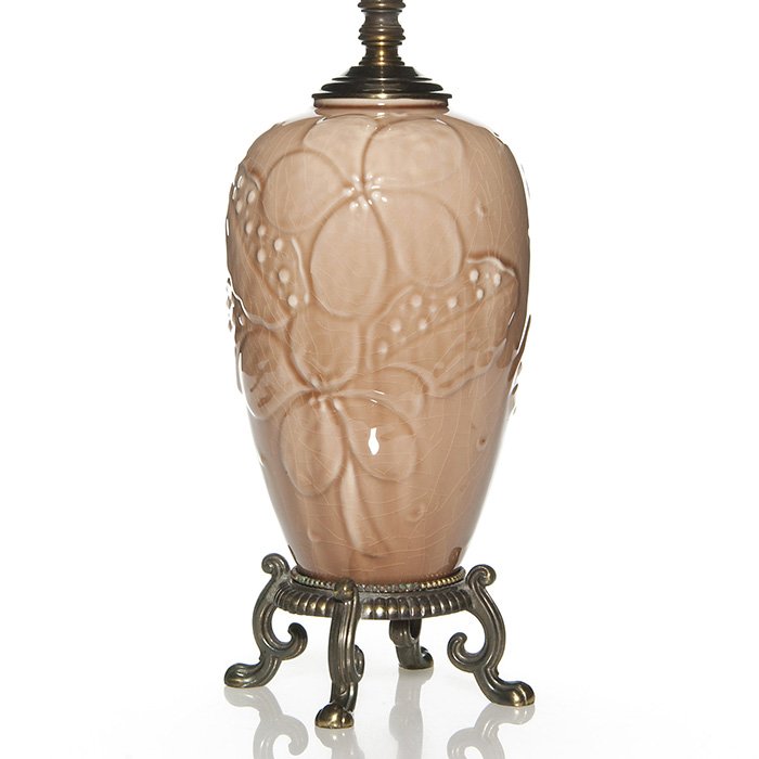 Original Rookwood lamp, 1946, Wine Madder, 9": Original Rookwood lamp using Crest fittings and a production vase done in Wine Madder glaze dated 1946. Marks on the pottery include the company logo, the date and shape number 6893. Affixed to the bo