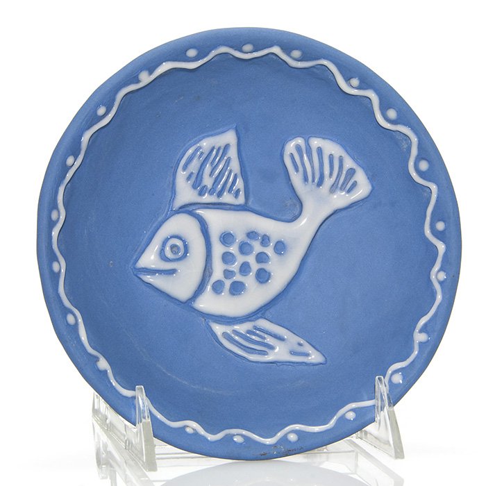 Rookwood Cirrus blue bowl, fish, Holtkamp, 1 7/8": Rare bowl with a fish, a Jens Jensen design, cast in 1953 and decorated with the Cirrus glaze by Loretta Holtkamp. Marks include the Rookwood logo, date, shape 7124 and Ms. Holtkamp's incised monogram