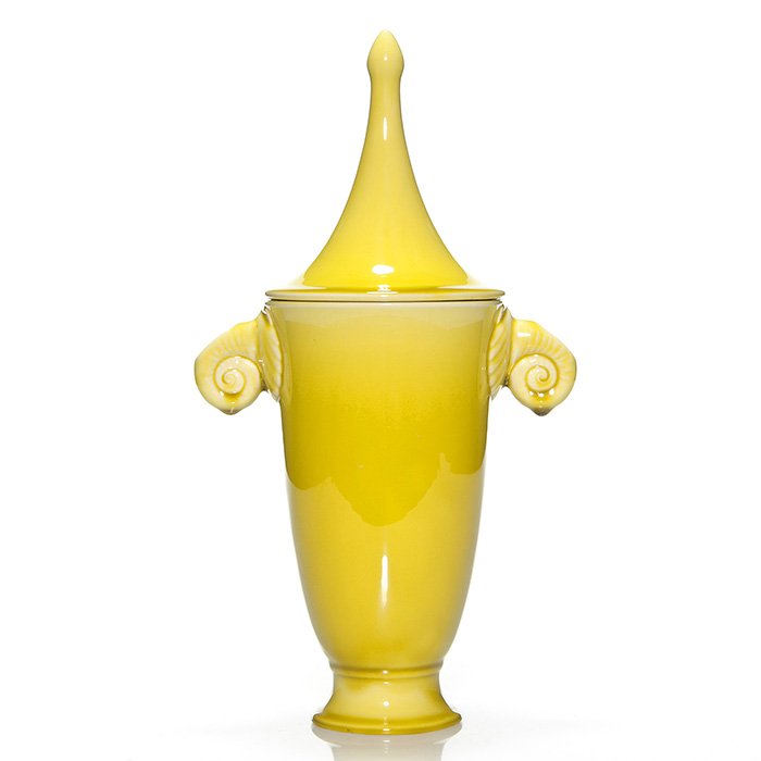 Rookwood urn, yellow, 61st Anniv, 6615, '39, 13": Rare urn with seashell handles and a tall pointed lid, cast in 1939 and covered with a bright yellow high glaze. Marks include the Rookwood logo, date, shape 6615 and the 61st Anniversary kiln stamp. 