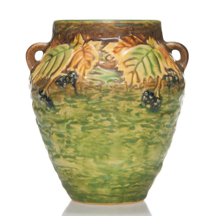 Roseville Blackberry shouldered vase, 6 1/8", 571: Blackberry shouldered vase with handles, shape 571. Height 6 1/8 inches. Unmarked. Well detailed with nice color. Excellent condition.