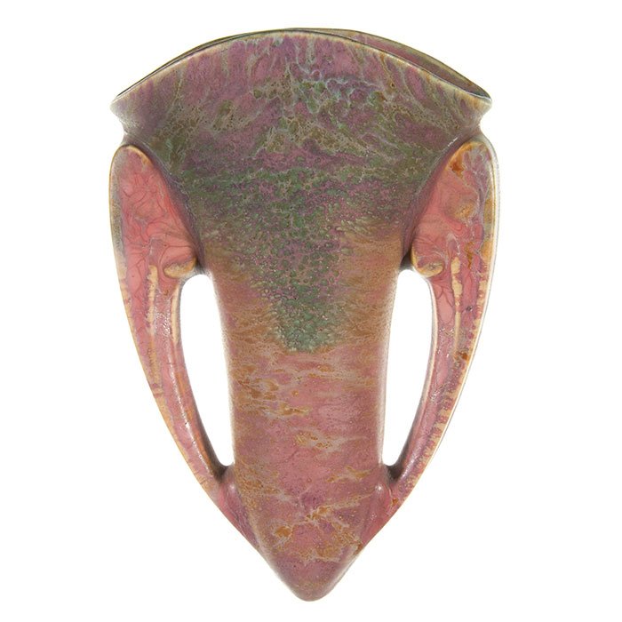 Roseville Carnelian II wall pocket, 1251-8, 8 3/8": Roseville Carnelian II wall pocket, shape 1251-8", with a great purple glaze with green and tan highlights. Marked on the back with the blue Rv ink stamp. Height is 8 3/8 inches. Excellent original co