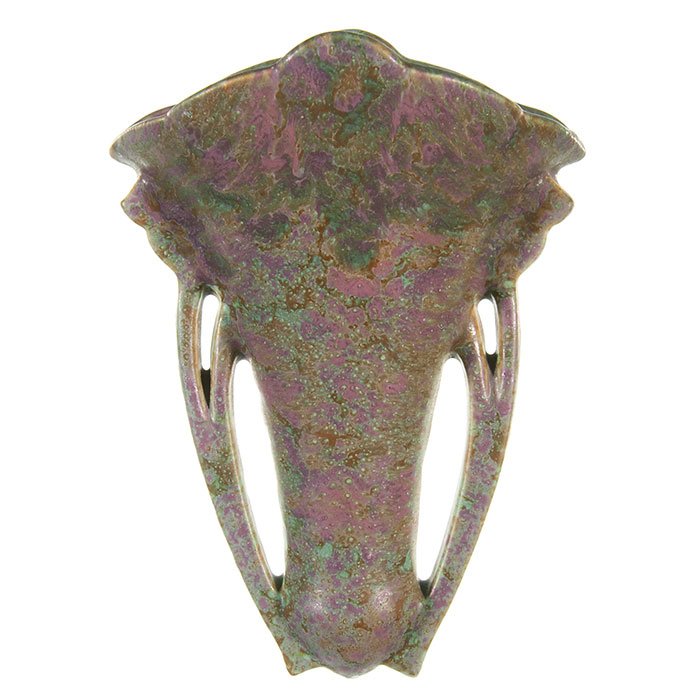 Roseville Carnelian II wall pocket, 1247-8, 8 3/8": Roseville Carnelian II wall pocket, shape 1247-8", with a fantastic purple and green mottled glaze. Marked on the back with the blue Rv ink stamp and having an original black Roseville sticker. There 