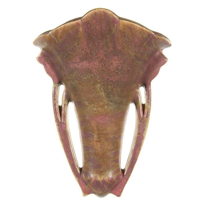 Roseville Carnelian II wall pocket, 1247-8, 8 3/8": Roseville Carnelian II wall pocket, shape 1247-8", with a purple and olive mottled glaze. Marked on the back with the blue Rv ink stamp and having most of an original black Roseville sticker. Excellen