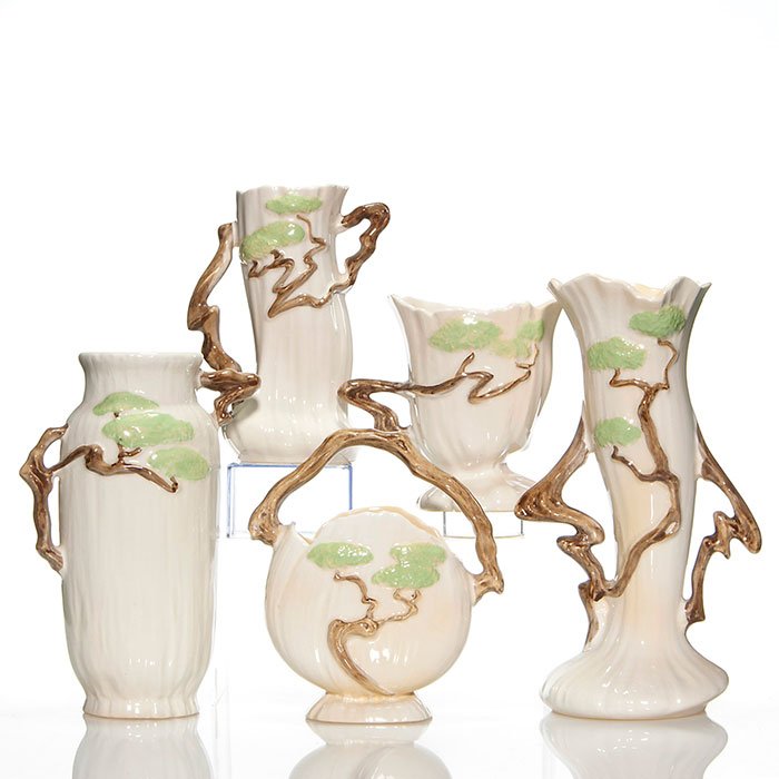 5 Roseville Ming Tree, white, 4 vases, 1 basket (1 of 5)