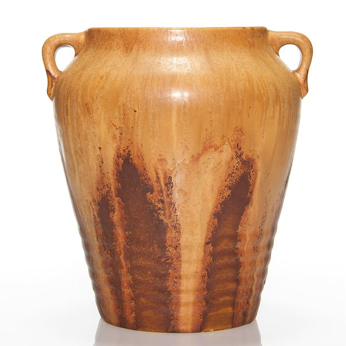 Roseville Imperial II vase in brown, 478-8": Roseville Imperial II twin handled vase, shape 478-8". Marked with the shape number in orange crayon. Height is 8 1/8 inches. There is a tiny grinding nick at the base.