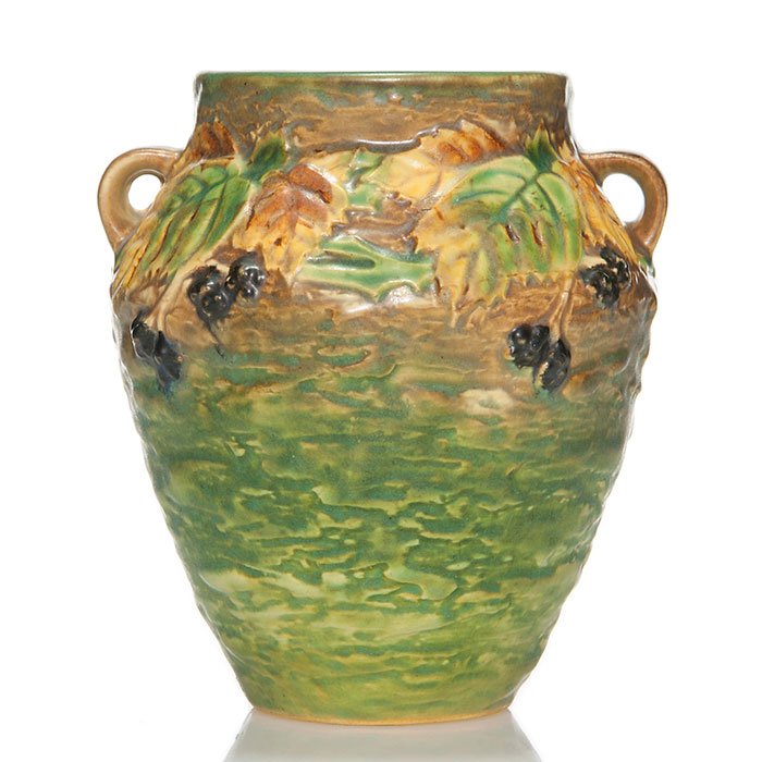 Roseville Blackberry shouldered vase, 6 1/8", 571: Blackberry shouldered vase with handles, shape 571. Height 6 inches. Unmarked. Well detailed with nice color. Excellent condition.