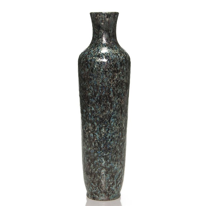 Rare black Roseville Pauleo vase, 16": Tall Roseville Pauleo vase with a superior mottled black, gray and blue glazes. Unmarked. Rare color combination on Pauleo pieces. There is a tiny nick on the bottom, otherwise in excellent original c