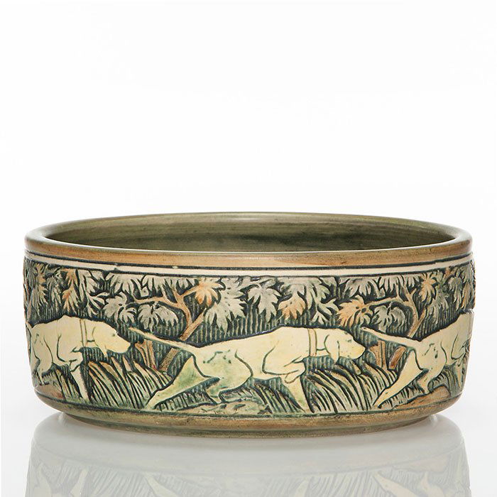 Weller Knifewood bowl, hunting dogs, 3 3/8" x 8 3/8" (1 of 1)