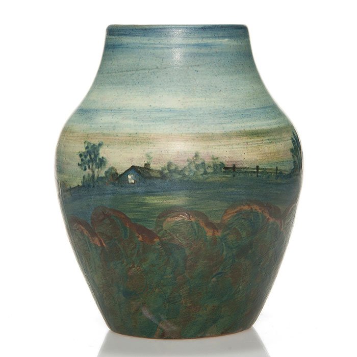 Peters and Reed Landsun vase, house, fences, 7 5/8" (1 of 2)