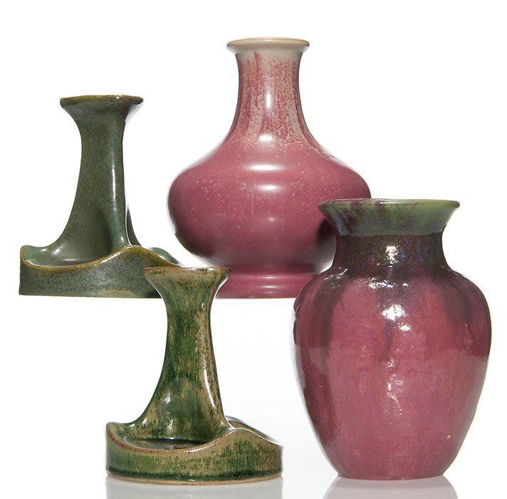 4 Fulper items, 2 7 1/2" vases, 2 candlesticks (1 of 3)