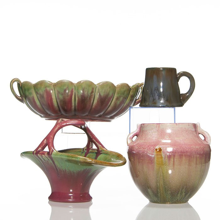 4 Fulper items.  Jard, basket, bowl and mug. (1 of 3)