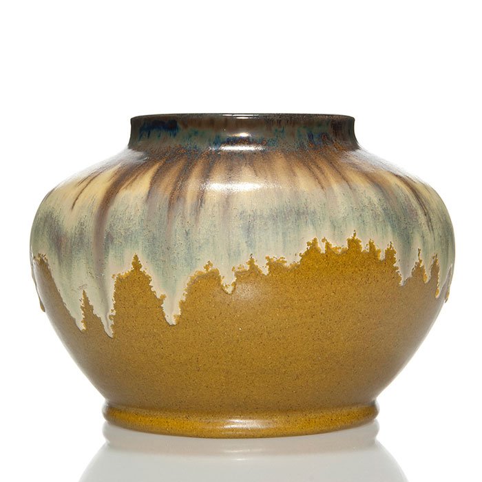 Fulper low vase,ivory flambe' over mustard, 7 1/2" (1 of 2)