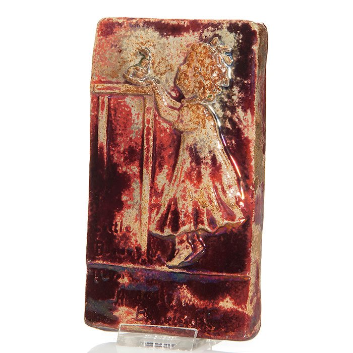 Pewabic Little Blower tile, girl, red glaze, 3 1/2" x6" (1 of 1)
