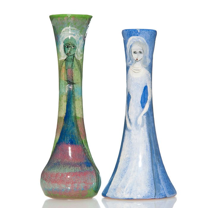 2 Pillin bud vases, women, deer, bird, 7 1/4", 6 5/8" (1 of 2)