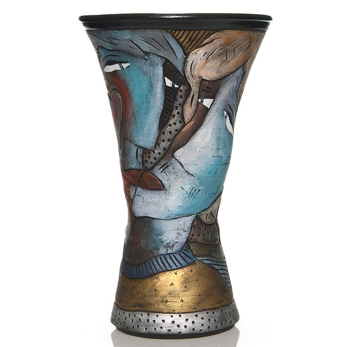 David Stabley ceramic vase, lovers faces, 15 3/4": Monumental David Stabley ceramic vase, hand built and hand carved with romantic faces of lovers on one side and a house front on the back. Measures 15 3/4 inches by 9 1/2 inches wide. David used compl