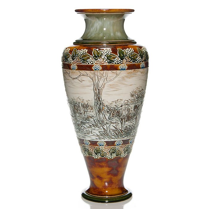 Doulton vase, incised cattle, H. Barlowe, 18 1/4": Monumental Royal Doulton stoneware vase with eight cattle grazing in a wooded field, masterfully incised by Hannah Barlowe. Bands of flourishes and rosettes above and below the scene are done by sever