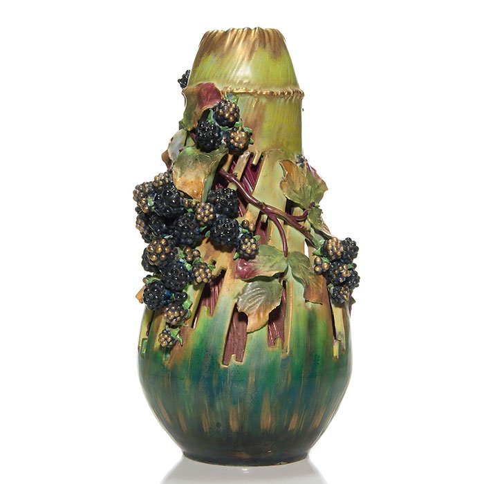 Amphora Blackberry reticulated vase, 12", marked (1 of 2)