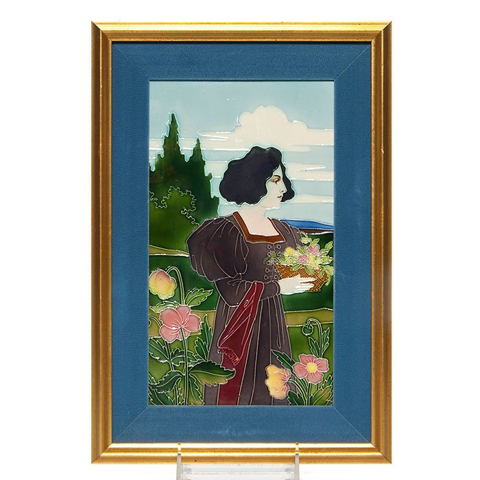 Von Schwarz landscape tile, Victorian maiden,10 3/4" (1 of 1)