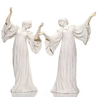 2 Sevres porcelain Loie Fuller figurals, 18 1/2": Fine pair Sevres hard paste porcelain scarf dancer figurines in the style of famous dancer, Loie Fuller, designed by Agathon Leonard in 1898 for Sevres and vigorously sold at the 1900 Paris Exposition