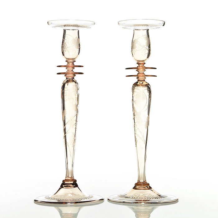 Pr Steuben Rosa candlesticks, engraved, 14", shape 6418 (1 of 4)