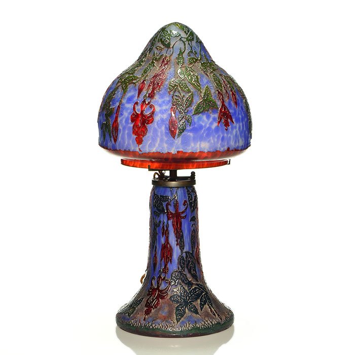 LeClerc cameo lamp, fuchsia, 20", signed: LeClerc cameo lamp, the shade and base displaying fuchsia blossoms on leafy vines. The flowers are ruby, the foliage is dark green on the shade and dark blue on the base and set against a mottled blue